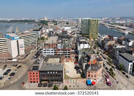 ANTWERP, BELGIUM - AUG 13: Aerial view of Antwerp port area from roof terrace museum MAS on August 13, 2015 in the harbor of Antwerp, Belgium