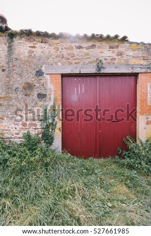 Overgrown old stone house with red-painted wooden door
