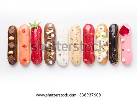 Group of french dessert Eclair on white background