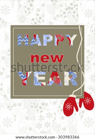 New year poster with greeting and mittens