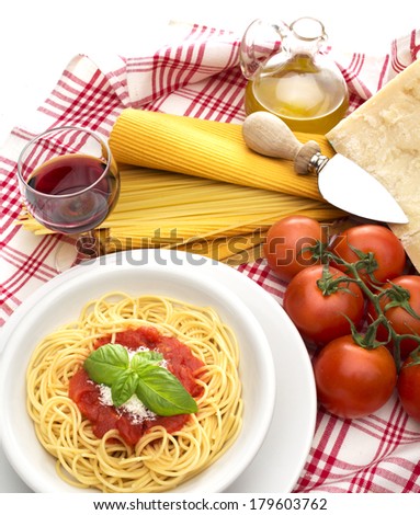 dish with spaghetti and tomato sauce