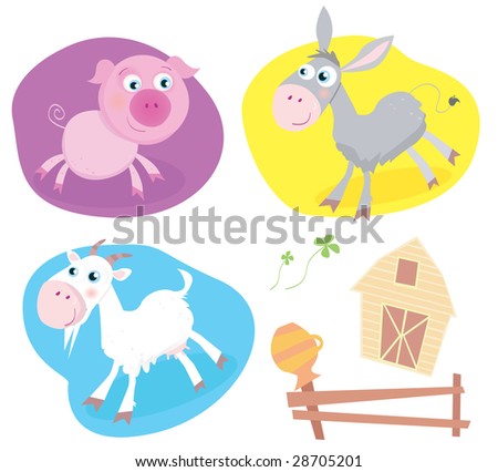 Farm animal pack: pig, goat, donkey. Funny baby animals. Includes also Farmhouse, fence and four-leaf clover. Vector Illustration.