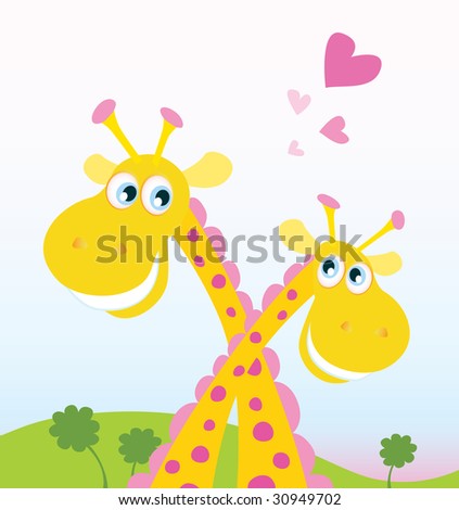 Two funny giraffes in love.