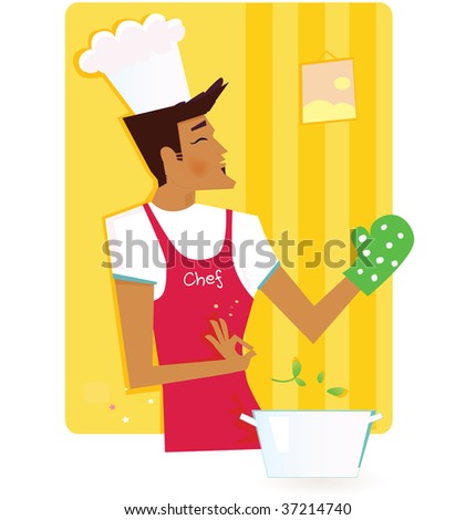 Man In The Kitchen. Chef In Style Kitchen Â?? Vector Illustration