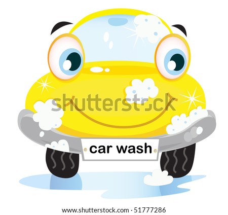 stock vector : Car wash service - happy yellow automobile with soap bubbles.