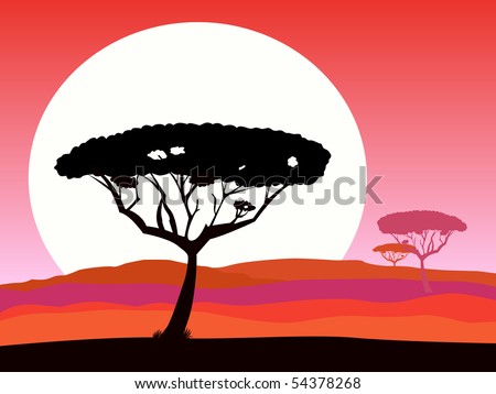 African safari background with red sunset and tree silhouette. Dark red safari background landscape. Vector Illustration. Beautiful sunset scene with acacia trees silhouette, hills and sunset.