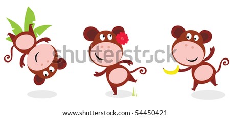 Safari animals: Brown cute monkey poses isolated on white background. Jumping monkey with palm leaf, dancing monkey and monkey with banana. Vector cartoon illustration of funny african animal.