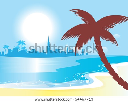 Sunny blue ocean landscape vector illustration. Vector illustration - tropical landscape island with sea, beach and palm trees.