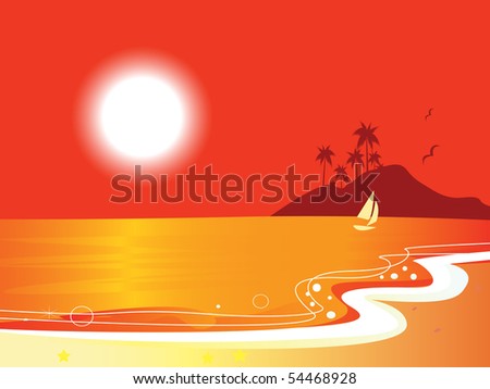 Sunny red beach coastal and ocean with sailor boat. Vector illustration - tropical landscape island with sea, beach, island, boad and  palm trees.