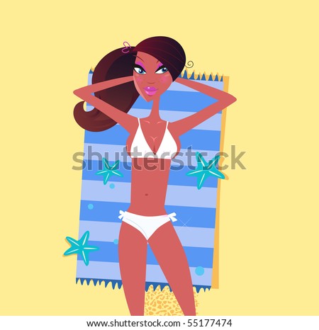 stock vector : Sexy dark skin woman on the beach sand. Brown hair and dark