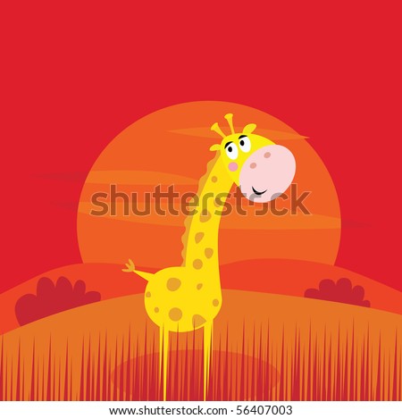Safari animals - cute giraffe and red sunset scene behind. Cute giraffe inside nature africa sunset safari scene. Vector Illustration.