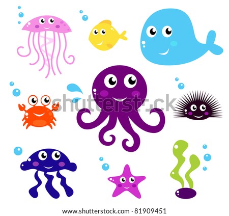  Animal on Cartoon Sea Animals  Fishes Or Creatures Icons Isolated On White