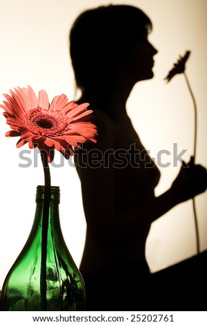 a flower in a bottle and silhouette of a girl with flower