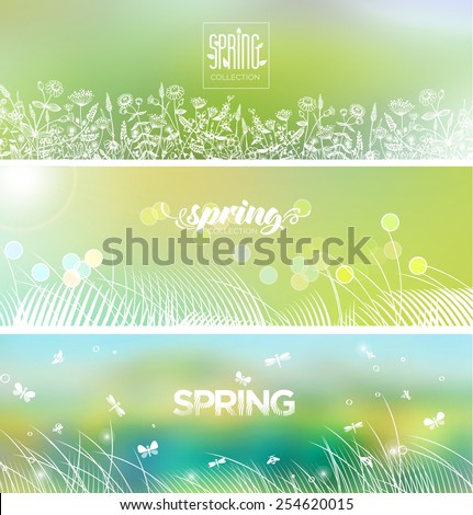 Spring's logo on blurred background. Bright banners set.