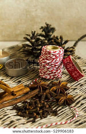 Anise, cinnamon, cloves. Christmas spices for gingerbread. Beige background.