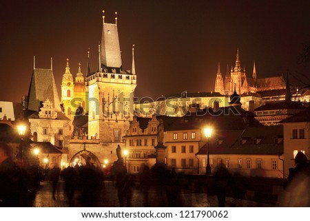 The night View on Prague Lesser Town with St. Nicholas\' Cathedral, Bridge Tower and gothic Castle, Czech Republic