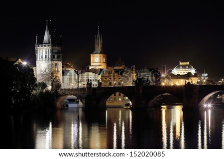 The night View on bright Prague Old Town with the Bridge Tower and National Theater, Czech Republic
