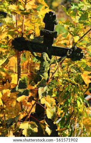 Jesus in colorful autumn Nature from the old village Cemetery, Czech Republic