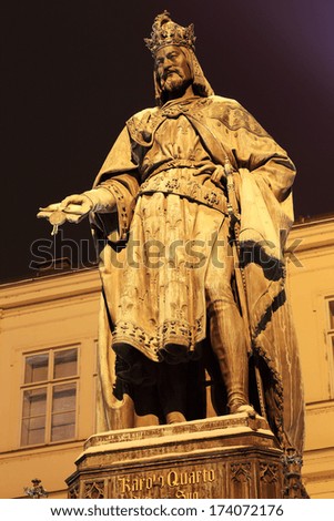 Bronze Statue of the eleventh King of Czech and Roman Emperor Charles IV. in Prague in Night