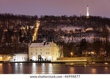 Snowy Prague Hill Petrin with OwlÂ´s Mills in the Night