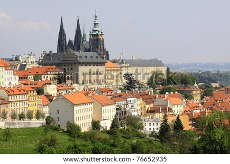 View on the spring Prague gothic Castle with the green Nature, Czech Republic