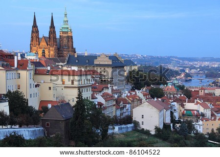 The View on bright Prague with gothic Castle in the Night, Czech Republic