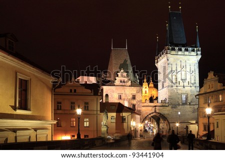 The night View on Prague Lesser Town with St. Nicholas\' Cathedral and Bridge Tower, Czech Republic