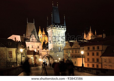 The night View on Prague Lesser Town with St. Nicholas\' Cathedral, Bridge Tower and gothic Castle, Czech Republic