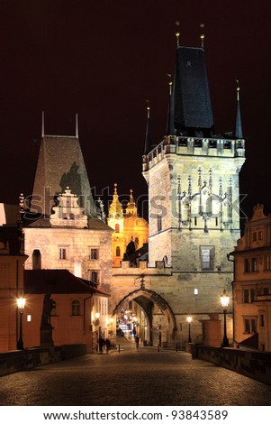 The night View on Prague Lesser Town with St. Nicholas\' Cathedral and  Bridge Tower, Czech Republic