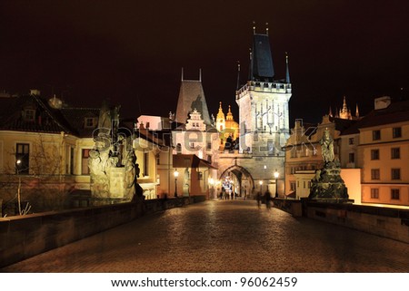 The night View on Prague Lesser Town with St. Nicholas\' Cathedral and Bridge Tower, Czech Republic