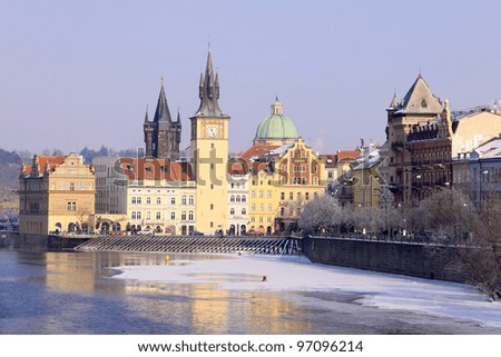 Snowy Prague Old Town above River Vltava, Czech Republic