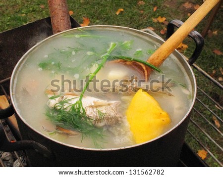Fish soup cooking on the fire
