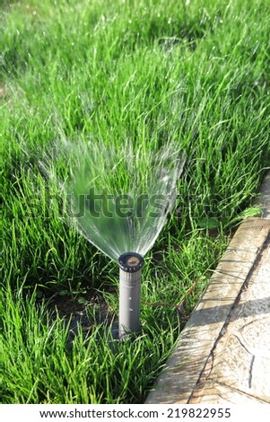 Turbo-driven pop-up sprinkler watering the fresh green lawn grass in the summer garden