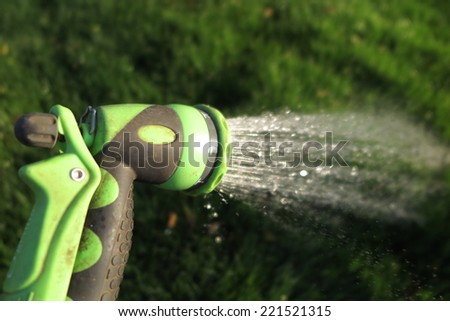 Watering fresh green lawn grass with an adjustable shower (spray) in the summer garden