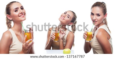 Close-up portrait of happy young woman with apple juice on white background. Concept vegetarian dieting - healthy food