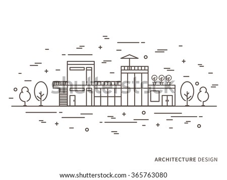 Linear flat architecture landscape illustration of modern designer house (mansion, homestead) with windows, door, stairs, trees. Outline vector graphic concept of architecture landscape design.
