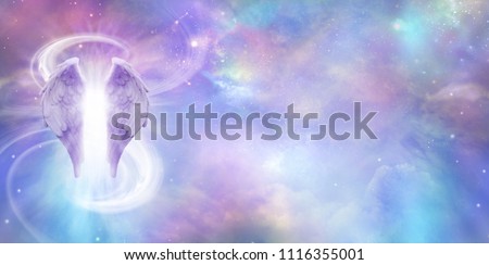 Heavenly Angel Spirit Banner - a pair of Angel Wings with a swish of white energy behind set against a wide vivid cosmic Universe background with copy space