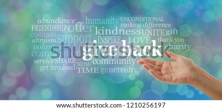 GIVE BACK word tag cloud - female open hand gesturing towards the words GIVE BACK surrounded by a relevant word cloud against a blue bokeh background
