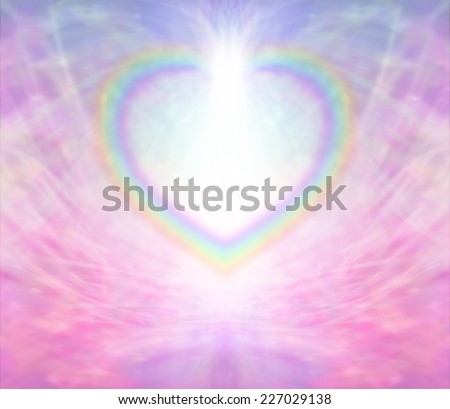 Rainbow Heart Frame - Rainbow Heart shape making a border on a radiating delicate pink background with a light burst at the top of the heart