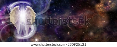 Angel Spirit in Deep Space - colorful deep space background with Angel Wings on left side a swish of white light making an \'s\' shape and bright light bursting through the wings depicting Spirit Energy