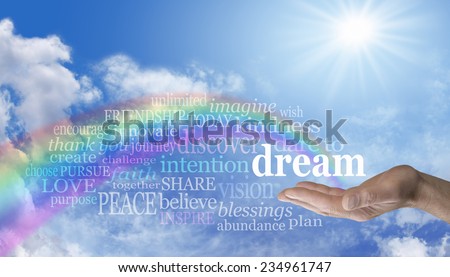 Dare to Dream  -  Male hand outstretched palm up with a rainbow emerging from hand and the word \'Dream\' above surrounded by a word cloud of relevant words on a blue sky and arcing rainbow background
