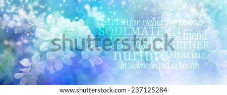 Blue Blossom Wedding Bokeh Banner   -   Beautiful Blossom Bokeh effect on left hand side with marriage related word cloud on right hand side