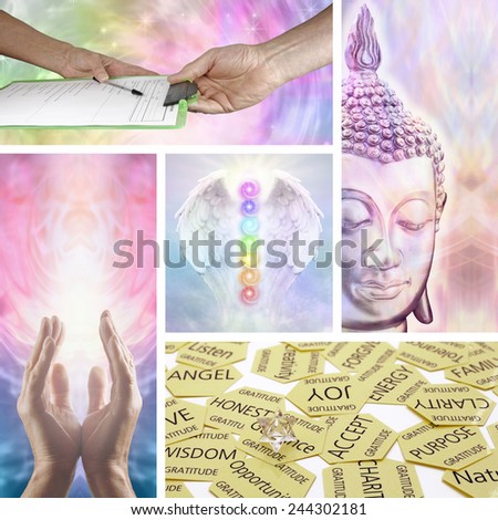 Holistic Healing Therapy Collage - 5 images showing different aspects of holistic healing including healing hands, divination, meditation, Angel Chakras and the initial consultation with the therapist