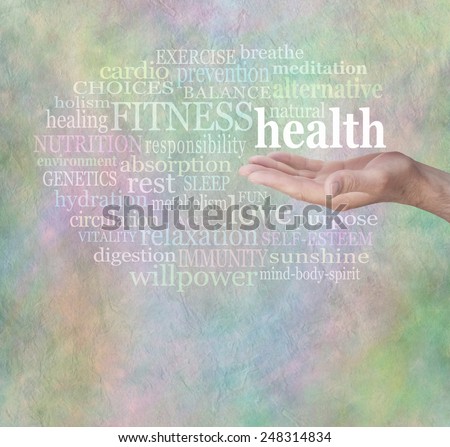 Health and Fitness Word Wall - Male hand outstretched with the word \'health\' floating above, surrounded by relevant health words on a stone effect green and blue rustic grunge background
