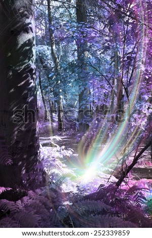 Tree Spirit Birth - deep woodland scene with thick tree trunk on left, with ethereal coloring of blue and purples, and a supernatural light form at the base of the tree depicting a tree spirit birth