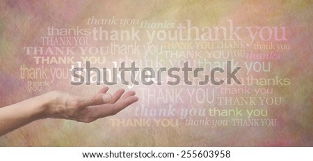 Thank you SO much  -  Female hand outstretched with the word \'thank you\' floating above, surrounded by many different colored thank you words on a wide beige colored rustic stone effect background