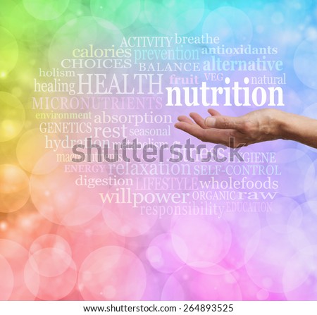 Nutrition in the Palm of your Hand - Female outstretched palm facing up with the word NUTRITION floating above, surrounded by a relevant word cloud on soft rainbow colored bokeh background