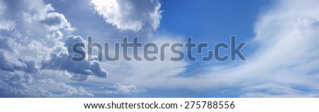 Wide Summer Blue Sky Website Banner -  Beautiful panorama of blue sky with sweeping clouds and sunburst lighting behind providing a dramatic skyscape