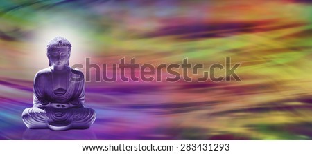Spiritual Enlightenment - Wide banner with meditating Buddha in lotus position on left hand side and a colorful wave motion energy field in the background and plenty of copy space