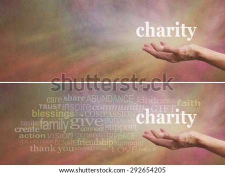 Donate to Charity Campaign banner - Woman\'s outstretched open hand with the word \'charity\' above, surrounded by a charity related word cloud on a wide rustic warm multicolored stone effect background